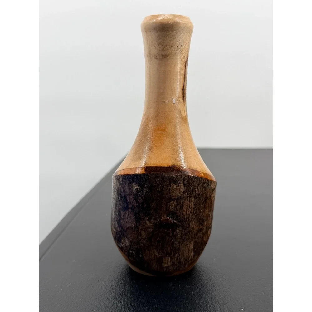 B. W. Jones Signed Live Edge Wood Bud Vase Natural Bark Artisan Decor 6.5in